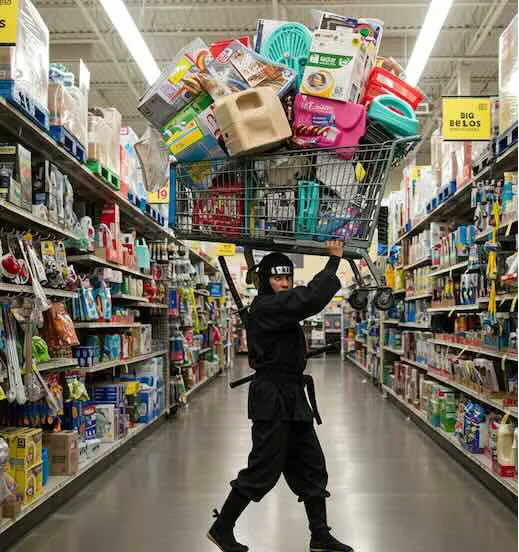 Ninja lifting a loaded shopping cart in a store aisle