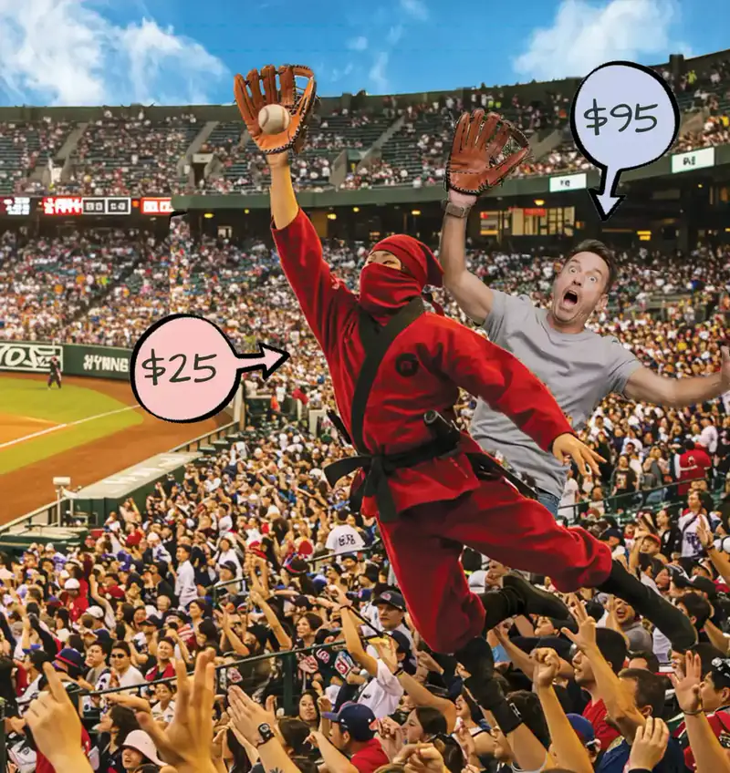 Ninja catching a ball in a stadium crowd — $25 instead of $95