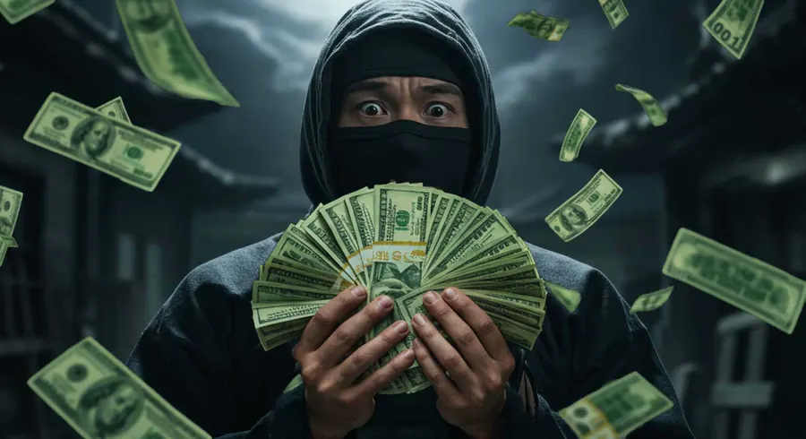Ninja holding a fan of cash
