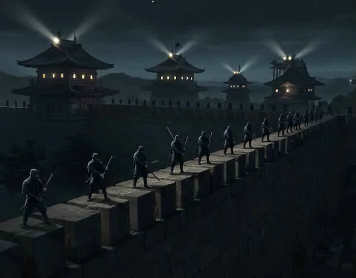 Ninjas crossing a bridge to a fortress at night