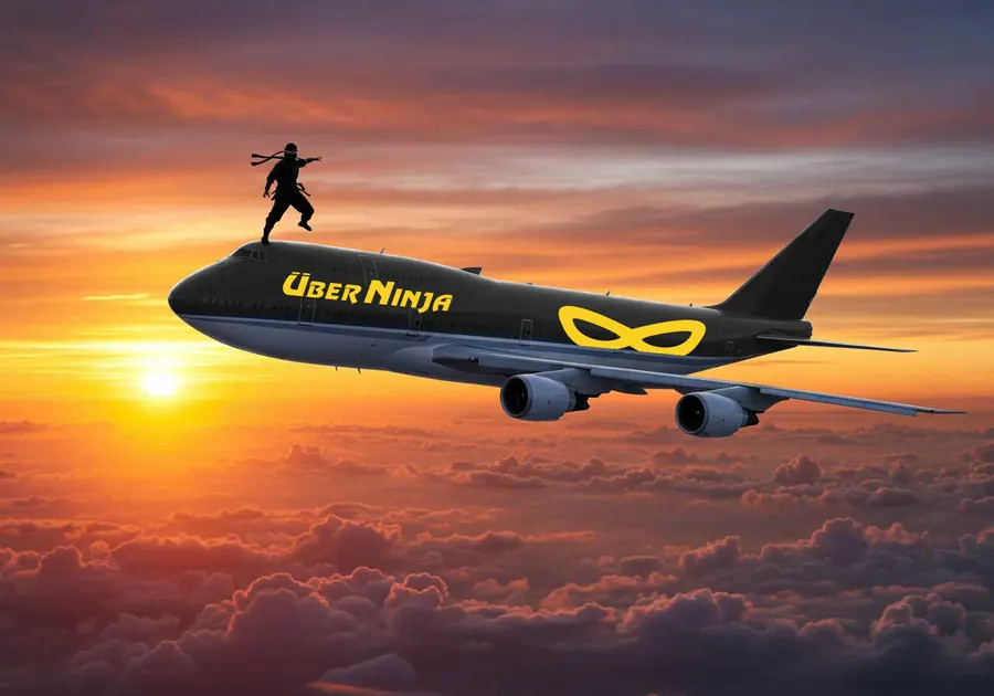 Ninja riding an Über Ninja jet at sunset