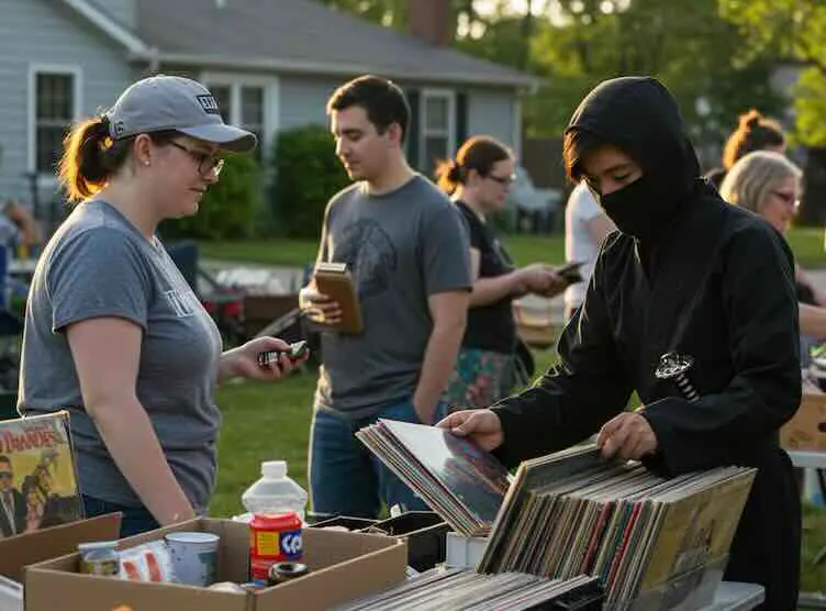 Ninja browsing records at a yard sale